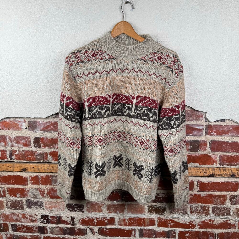 Vintage Baxter Wells Sweater Large Brown Red Fair Isle Wool Blend Crewneck 90s